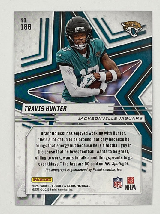 2025 Rookies and Stars Travis Hunter Purple Autograph # 186 Rookie Card - Serialized 23/25