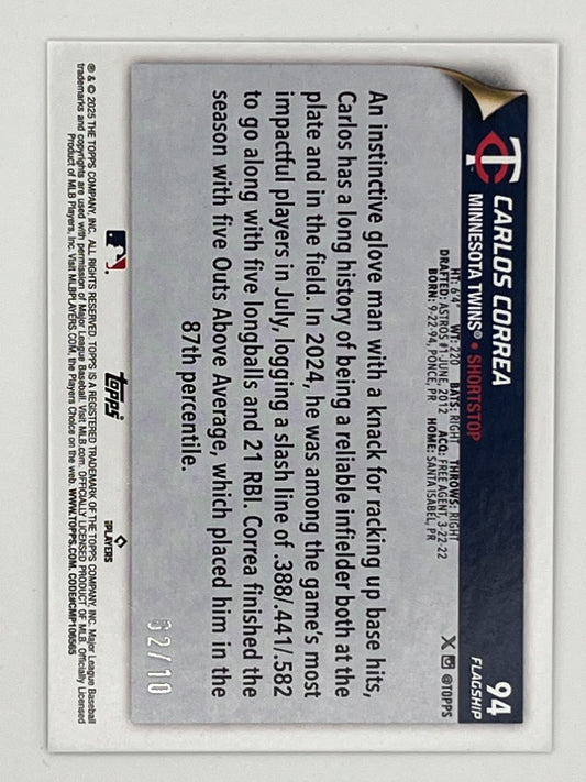 2025 Topps Flagship Carlos Correa Black # 94, Serialized 2/10