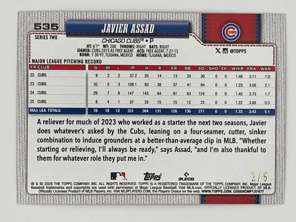 2026 Topps Javier Assad Red Sandglitter # 535 - Serialized 2/5