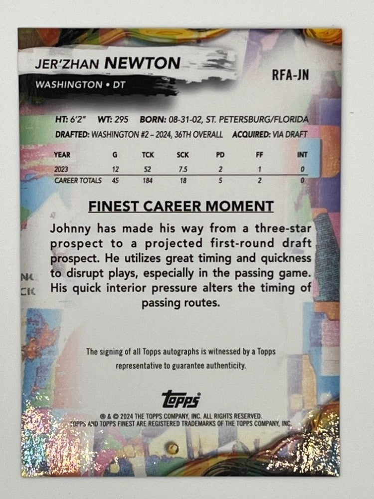 2024 Topps Finest Jer'Zhan Newton Autographed Rookie # RFA-JN - Serialized 3/25