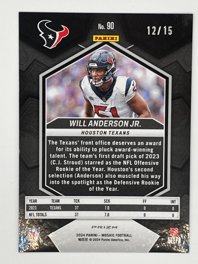 2024 Mosaic Will Anderson, Jr. # 90 Tessellation Prizm, Rookie Card Serialized 12/15
