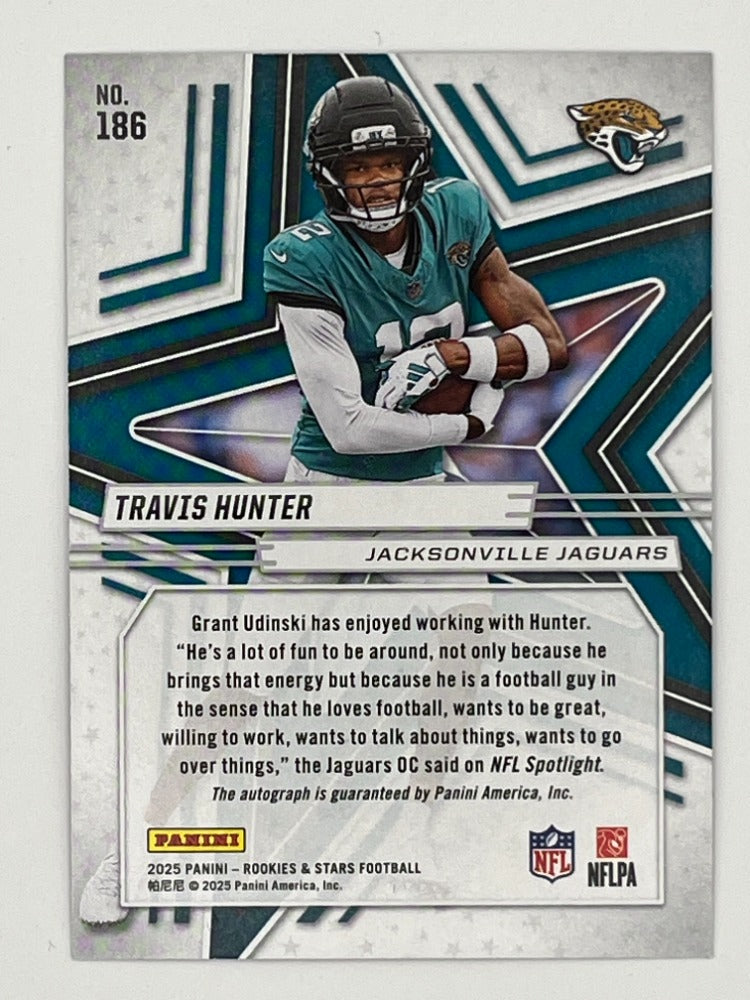 2025 Rookies and Stars Travis Hunter Purple Autograph # 186 Rookie Card - Serialized 23/25