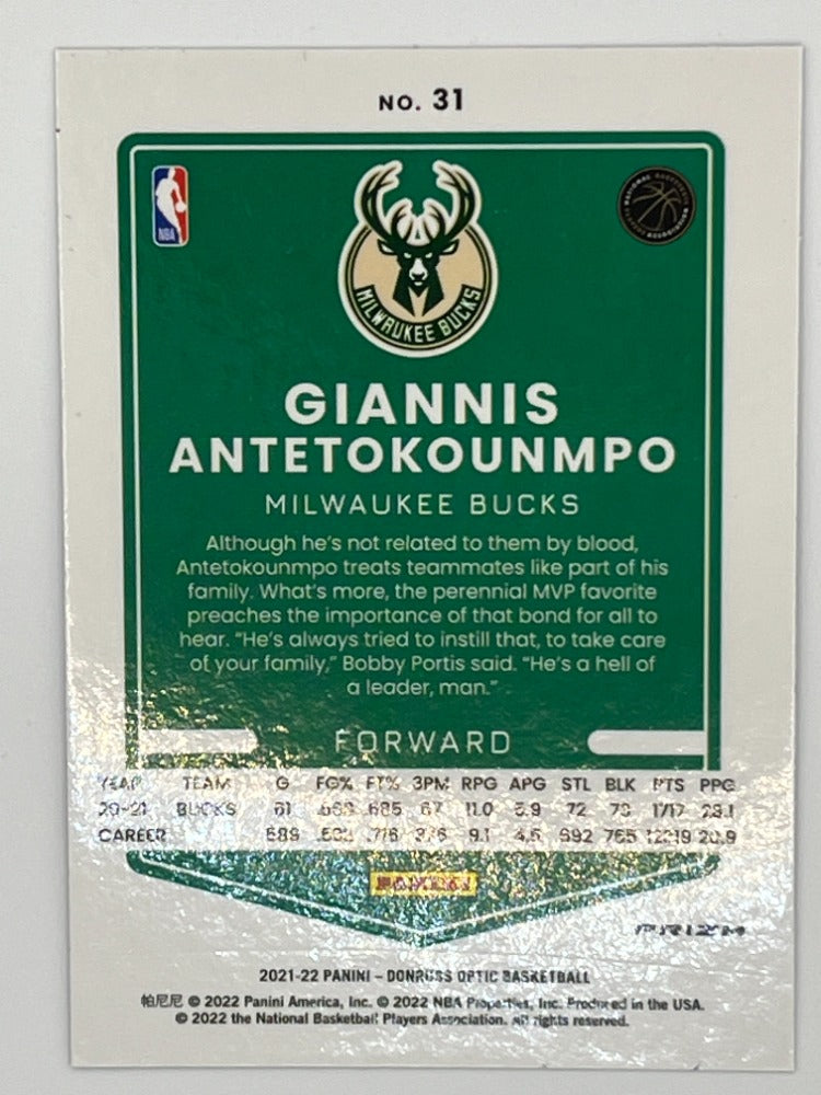 2021-22 Optic Giannis Antetokounmpo # 31, Blue Lazer Prizm