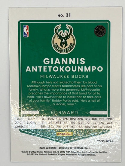 2021-22 Optic Giannis Antetokounmpo # 31, Blue Lazer Prizm