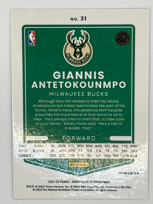 2021-22 Optic Giannis Antetokounmpo # 31, Blue Lazer Prizm