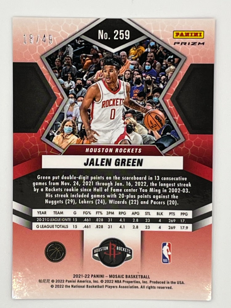 2021-22 Mosaic Jalen Green Pink Prizm Rookie Card # 259 - Serialized 18/49