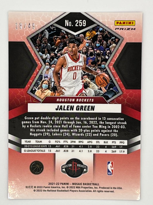 2021-22 Mosaic Jalen Green Pink Prizm Rookie Card # 259 - Serialized 18/49