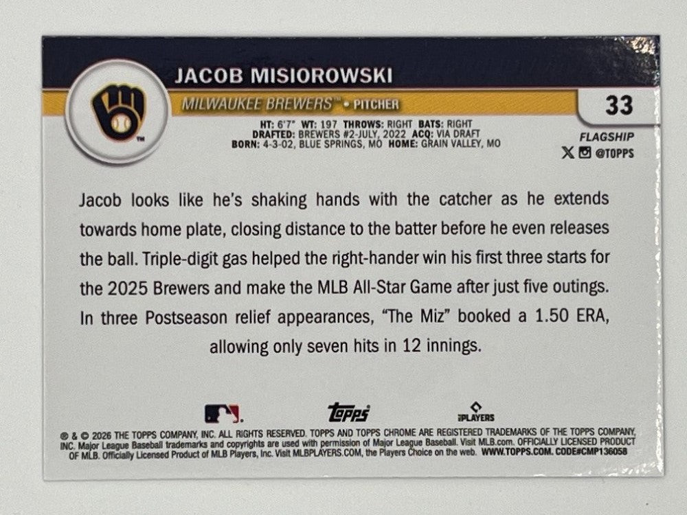 2026 Topps Chrome Jacob Misiorowski Flagship Rookie Refractor # 33
