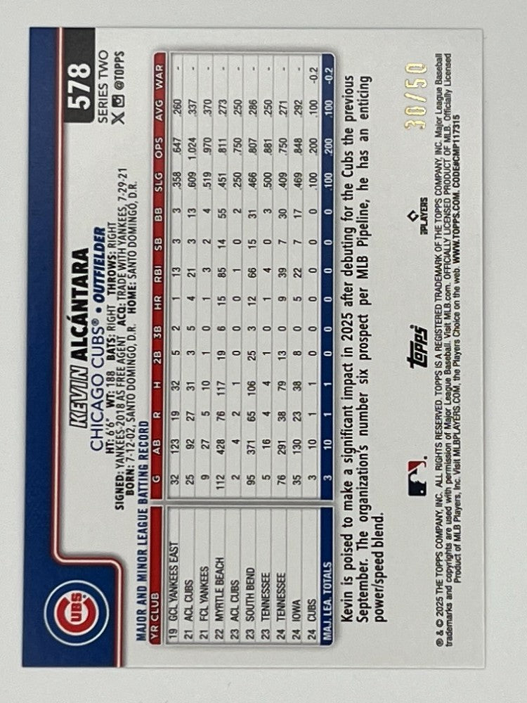 2025 Topps Kevin Alcantara # 578 Rookie Card, Serialized 30/50
