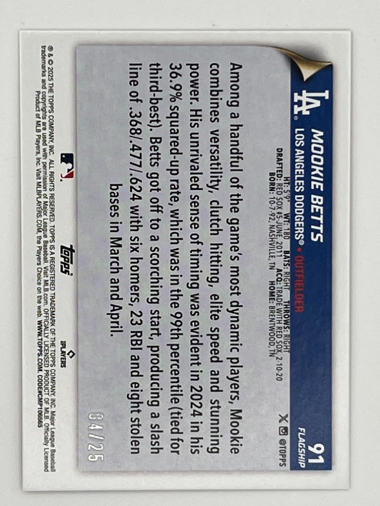 2025 Topps Flagship Mookie Betts Orange # 91, Serialized 4/25, 55 Pt. Card
