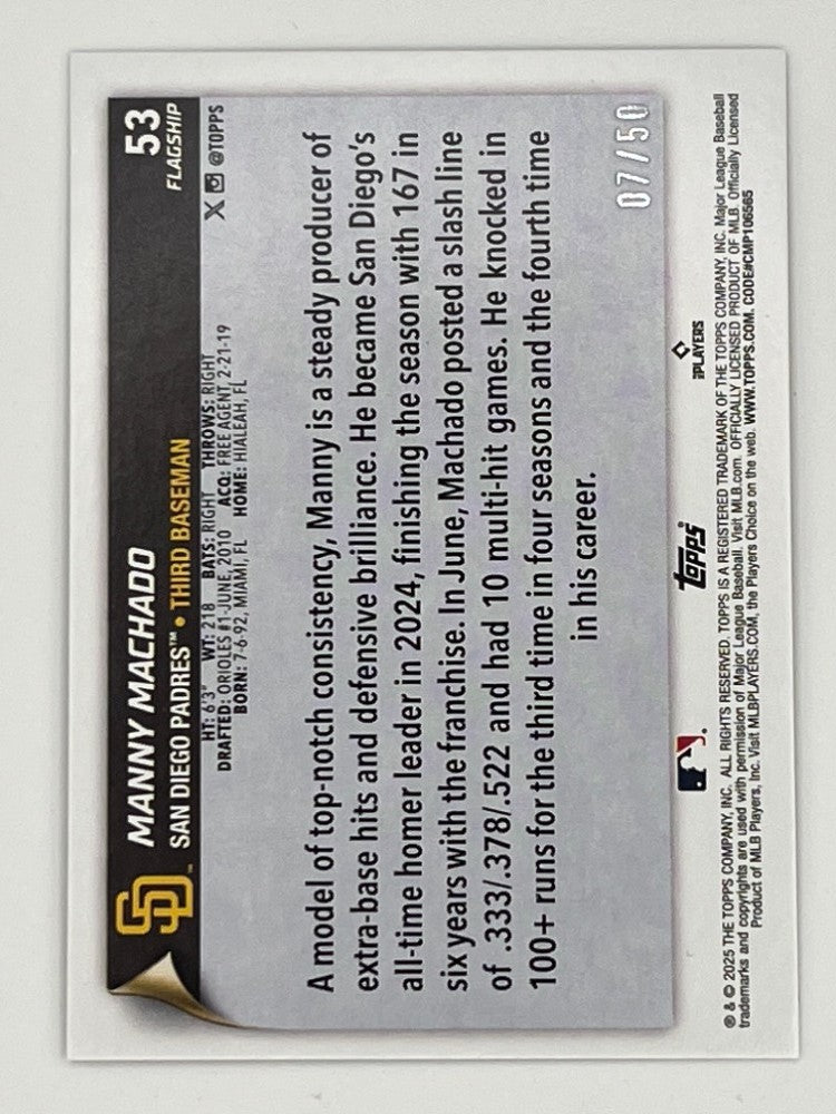 2025 Topps Flagship Manny Machado Gold # 53, Serialized 7/50, 55 Pt. Card