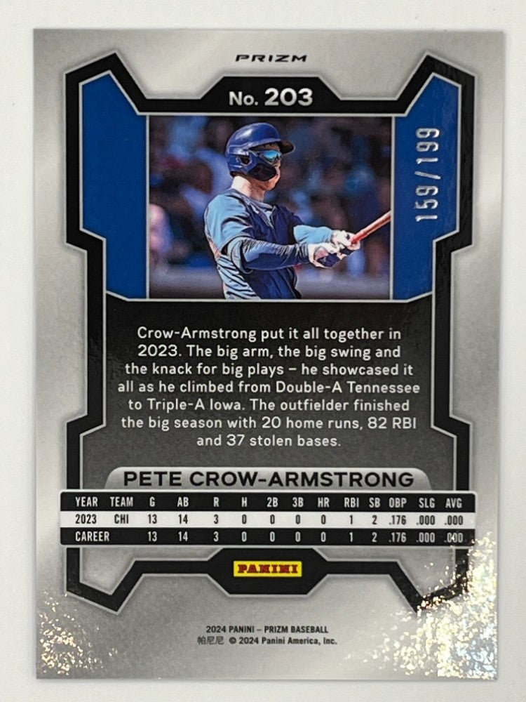 2024 Prizm Pete Crow-Armstrong Blue Prizm # 203, Rookie Serialized 159/199