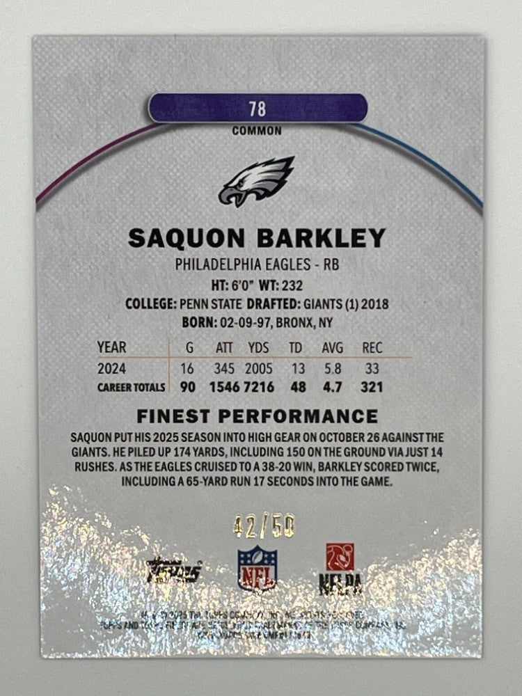2025 Topps Finest Saquon Barkley Gold Refractor # 78 - Serialized 42/50