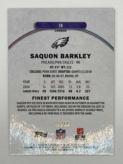 2025 Topps Finest Saquon Barkley Gold Refractor # 78 - Serialized 42/50