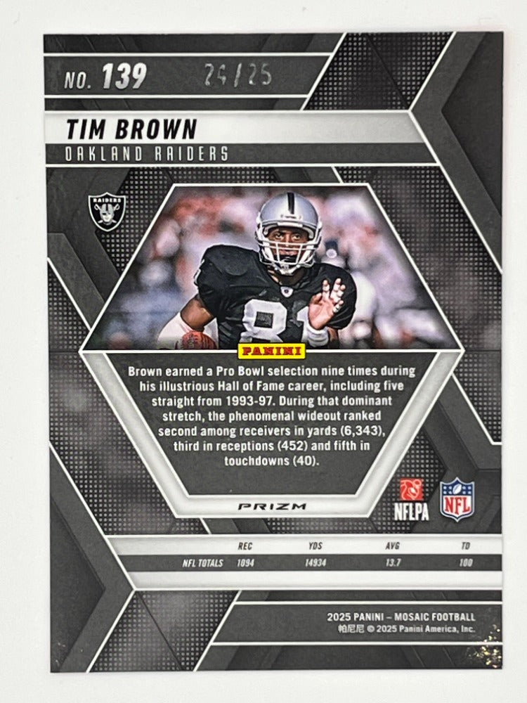2025 Mosaic Tim Brown Orange Flourescent Prizm # 139 - Serialized 24/25