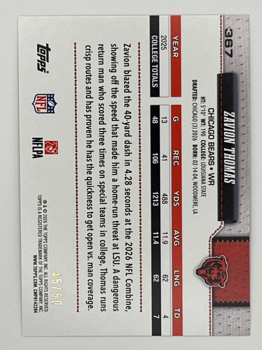 2026 Topps Flagship Zavion Thomas Rookie Gold Sandglitter # 367 - Serialized 45/50